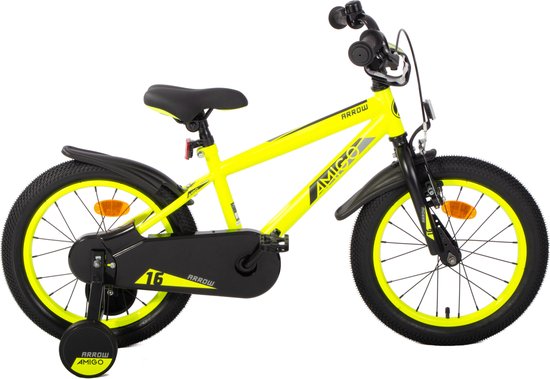 AMIGO Arrow Jongensfiets 16 Inch - Kinderfiets voor 4 tot 6 Jaar - 100-115 cm - Met Zijwieltjes - Geel/Zwart