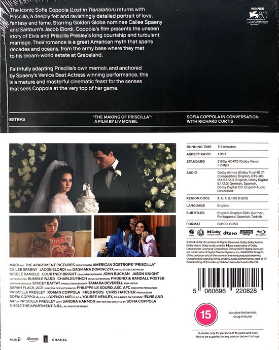Priscilla [4K UHD + Blu-Ray] zonder NL ondertiteling - Sofia Coppola