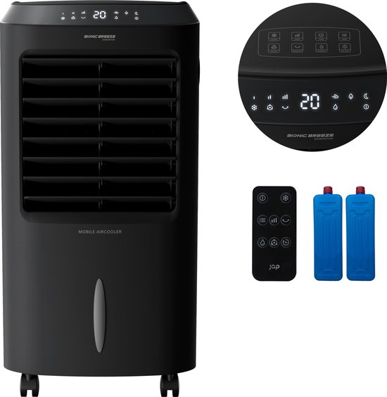 Foto: Jap appliances edmonton 4 in 1 aircooler ventilator ionisator en luchtbevochtiger met afstandsbediening en timer luchtkoeler inclusief 2 koelelementen mat zwart