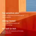 Abstracte achtergrond met kleuren oranje, hout en blauw water. Tekst over huidvriendelijkheid.