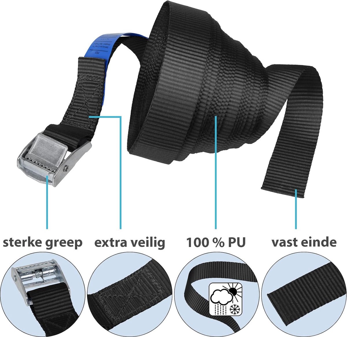 Sjorband spanband bevestigingsband met klemgesp zwart beschikbaar in verschillende lengtes en hoeveelheden draagvermogen tot 250 kg DIN EN 12195-2 4 stucks 2.5 cm x 4 m
