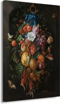 Festoen van vruchten en bloemen - Jan Davidsz. de Heem wanddecoratie - Oude meesters schilderijen - Muurdecoratie Natuur - Landelijk schilderij - Canvas keuken - Decoratie woonkamer 50x70 cm