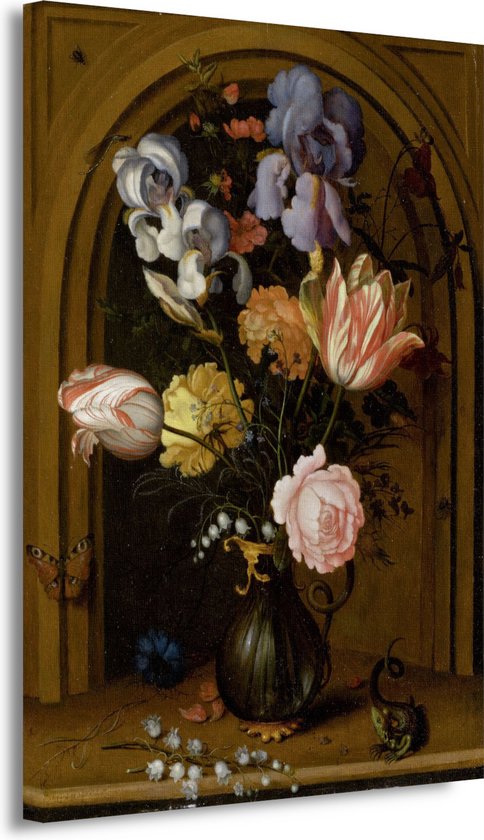 Stilleven in een glazen vaas - Balthasar van der Ast schilderij - Bloemen portret - Canvas schilderij Natuur - Wanddecoratie klassiek - Canvas schilderij woonkamer - Decoratie kamer 40x60 cm