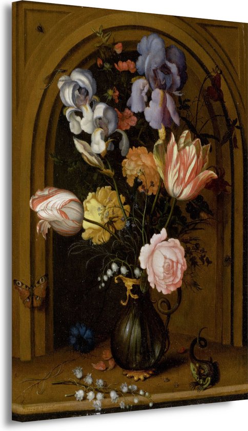 Nature morte dans un vase en verre - Tableau Balthasar van der Ast - Portrait de Fleurs - Tableau sur toile Nature - Décoration murale classique - Tableau sur toile salon - Décoration chambre 40x60 cm