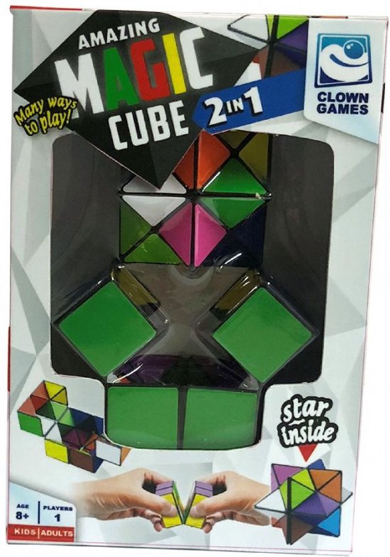 Verpakking van de Clown Magic Cube 2-in-1 met afbeeldingen van de kubus in verschillende vormen en een handleiding.