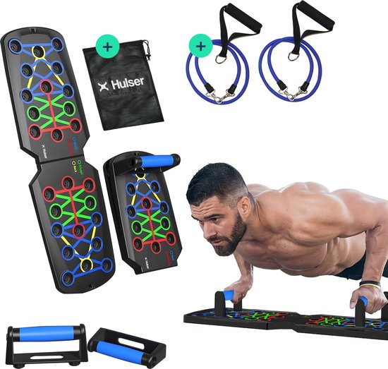 Foto: Hulser push up bord 14 in 1 met 2 weerstandsbanden grips bars steun parallettes board fitness plank opdrukken trainingsbord thuis sporten home workout elastiek