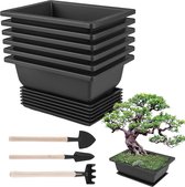 Set van 6 kunststofmet dienbladen: rechthoekige bonsai trainpotten van kunststof met tuingereedschapsset, plastic bloemenpot bonsai plant voor woonkamer kantoor balkon tuin
