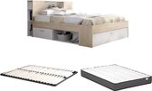 Bed met hoofdeinde met opbergruimte en lades - 160 x 200 cm - Kleur: naturel en wit + bedbodem + matras - LEANDRE L 228.5 cm x H 95 cm x D 169.5 cm