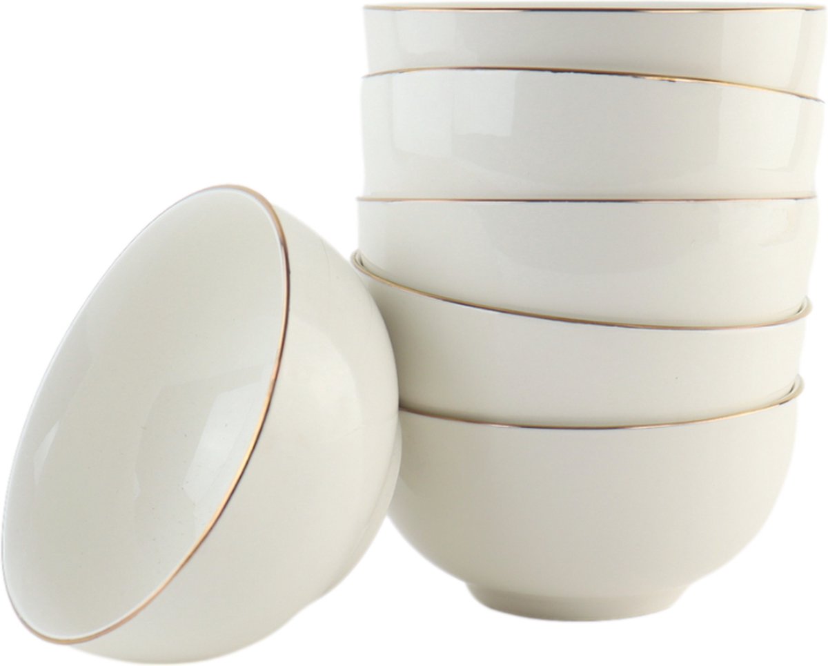 OTIX Soepkommen - Schaaltjes - 6 Stuks - Soeptassen - Porselein - Wit met Gouden Rand - 13,5x6cm - Daisy
