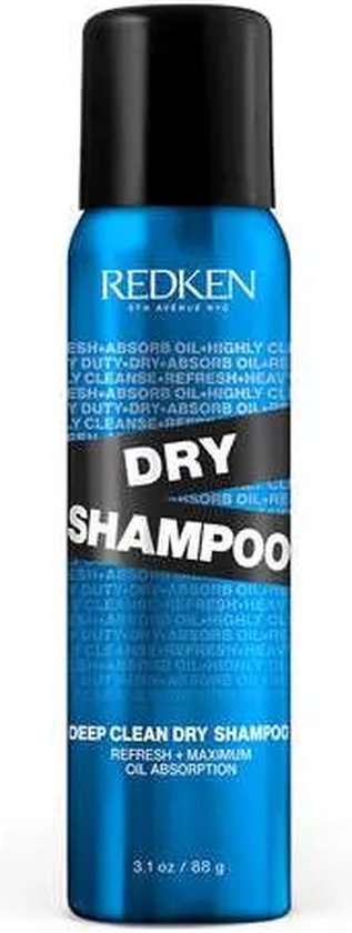 Kleine blauwe spuitbus Redken Deep Clean Dry Shampoo met zwarte dop, op witte achtergrond.