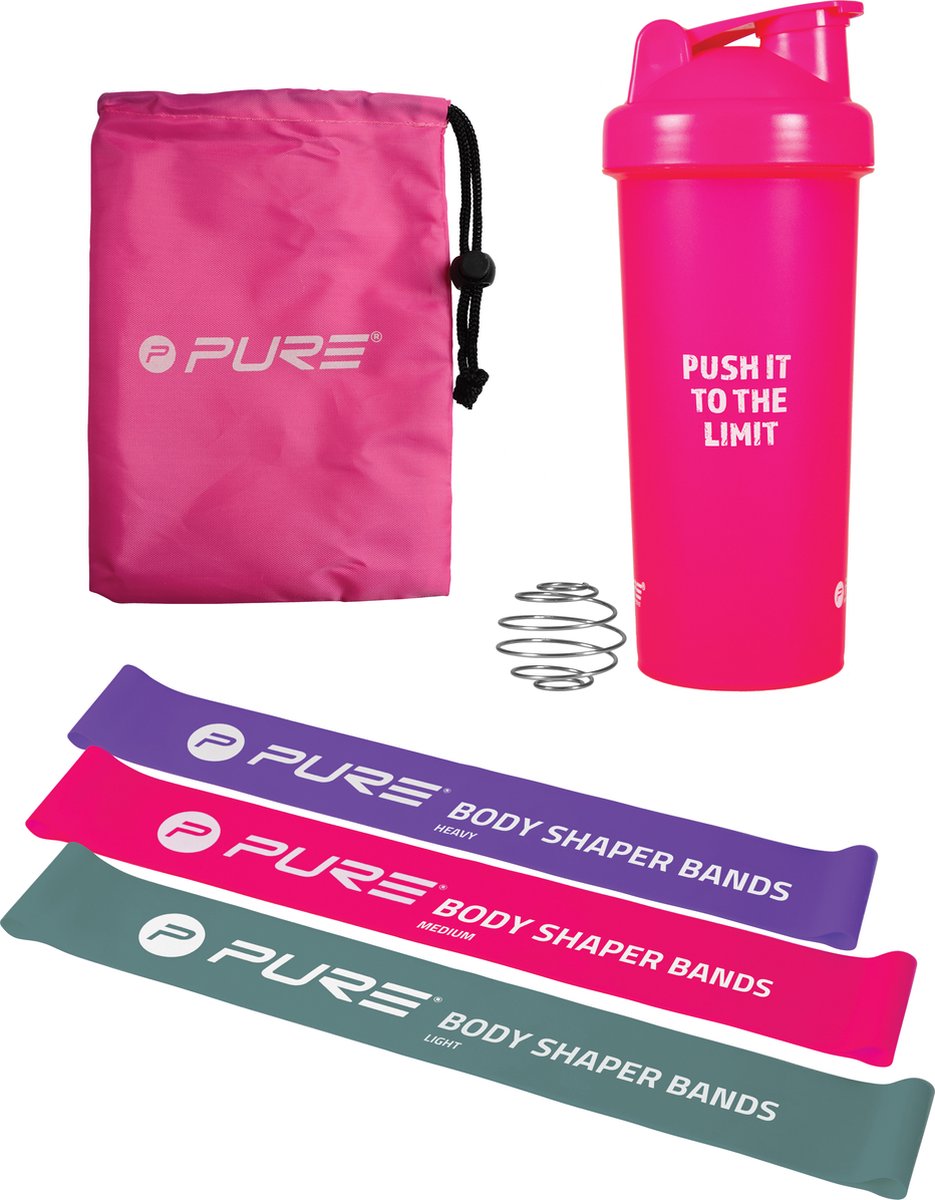 Goedkoopste Pure2Improve Shakebeker met 3 Weerstandsbanden - Shaker 700 ml - Resistance Band - Fitness Elastiek - Weerstandsbanden Set - Roze
