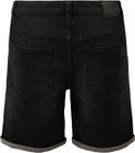 Achterkant van een zwarte jeansshort met omgeslagen broekspijpen en een grijze voering.