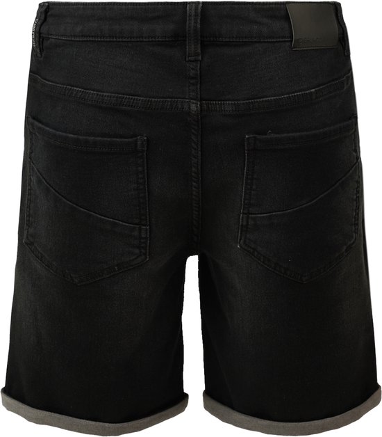 Achterkant van een zwarte jeansshort met omgeslagen broekspijpen en een grijze voering.