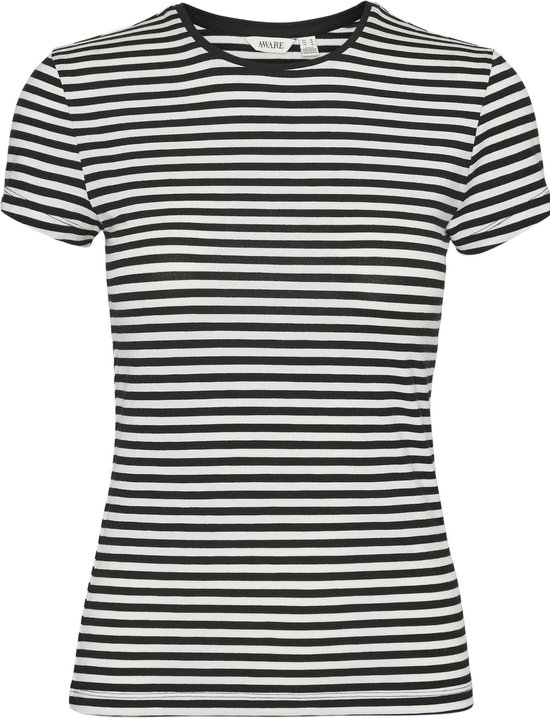 T-shirt met korte mouwen in zwart-wit strepen, AWARE label zichtbaar.