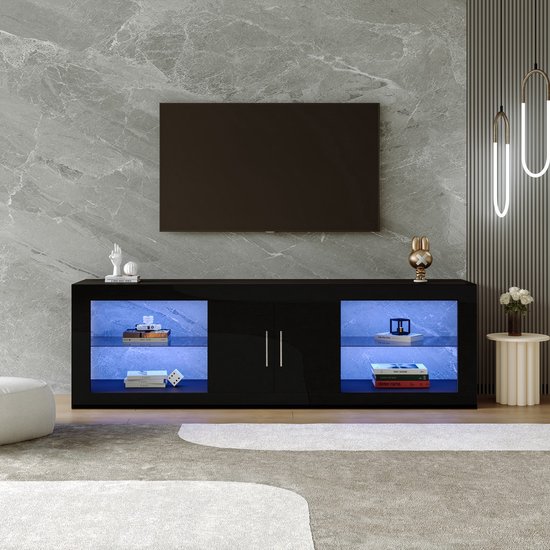 Sweiko Moderne Zwarte TV Kast voor 60-inch TV's; 16-kleuren LED, Bluetooth-bediening; glanzende kastdeuren, verstelbare planken, stille scharnieren, stijlvolle opbergkast