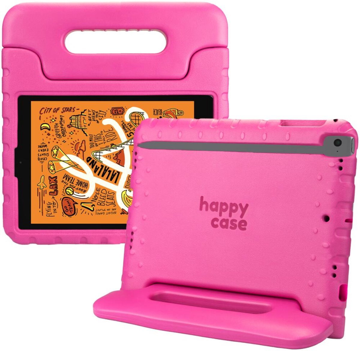 HappyCase Kinder Tablethoes Geschikt voor Apple iPad Mini 1/2/3/4/5 | Kindvriendelijke Hoes | Beschemhoes | Kinderhoes | met Handvat en Standaard | Roze