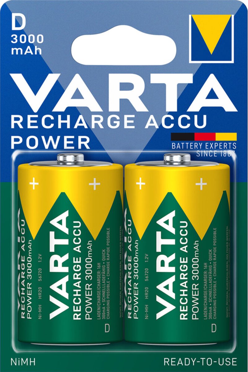 Varta oplaadbare batterijen - Varta Power Accu D - Batterij NiMH D/LR20 1.2 V 3000 mAh R2U 2-blister