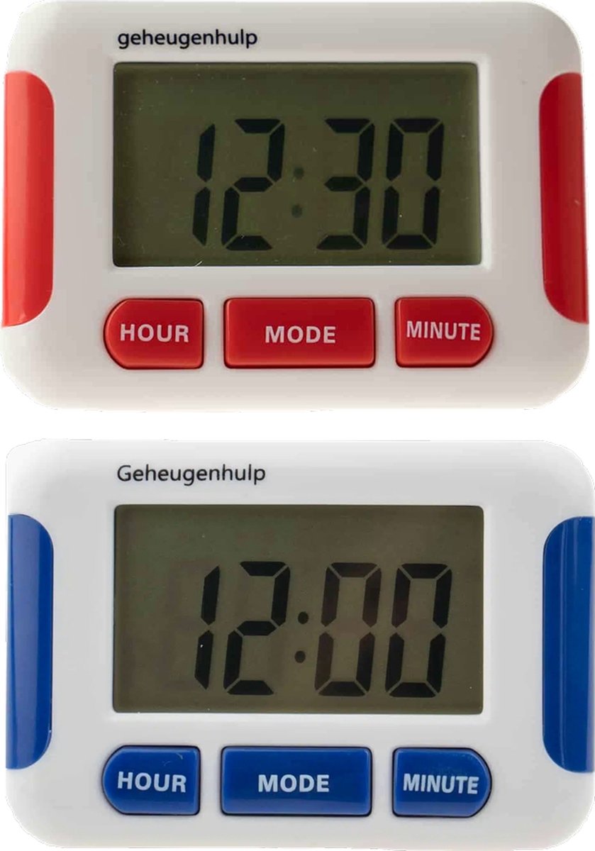 Medicijnalarm met 5 duidelijke alarmen -set van 2 - countdowntimer- Blauw en Rood