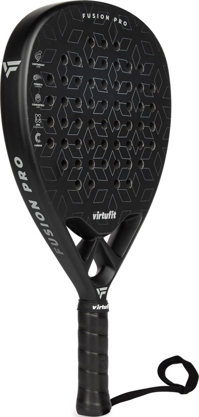 Foto: Virtufit fusion pro padel racket zwart zilver inclusief polskoord padelracket paddle geschikt voor gevorderde spelers druppelvormig blad met harde kern van eva foam lichtgewicht ergonomisch handvat carbon blad