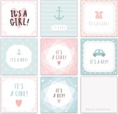 Geboortekaarten - Set van 8 verschillende vierkante kaarten - Gefeliciteerd / felicitatie met geboorte jongen, meisje - Leuke Post - Met enveloppen