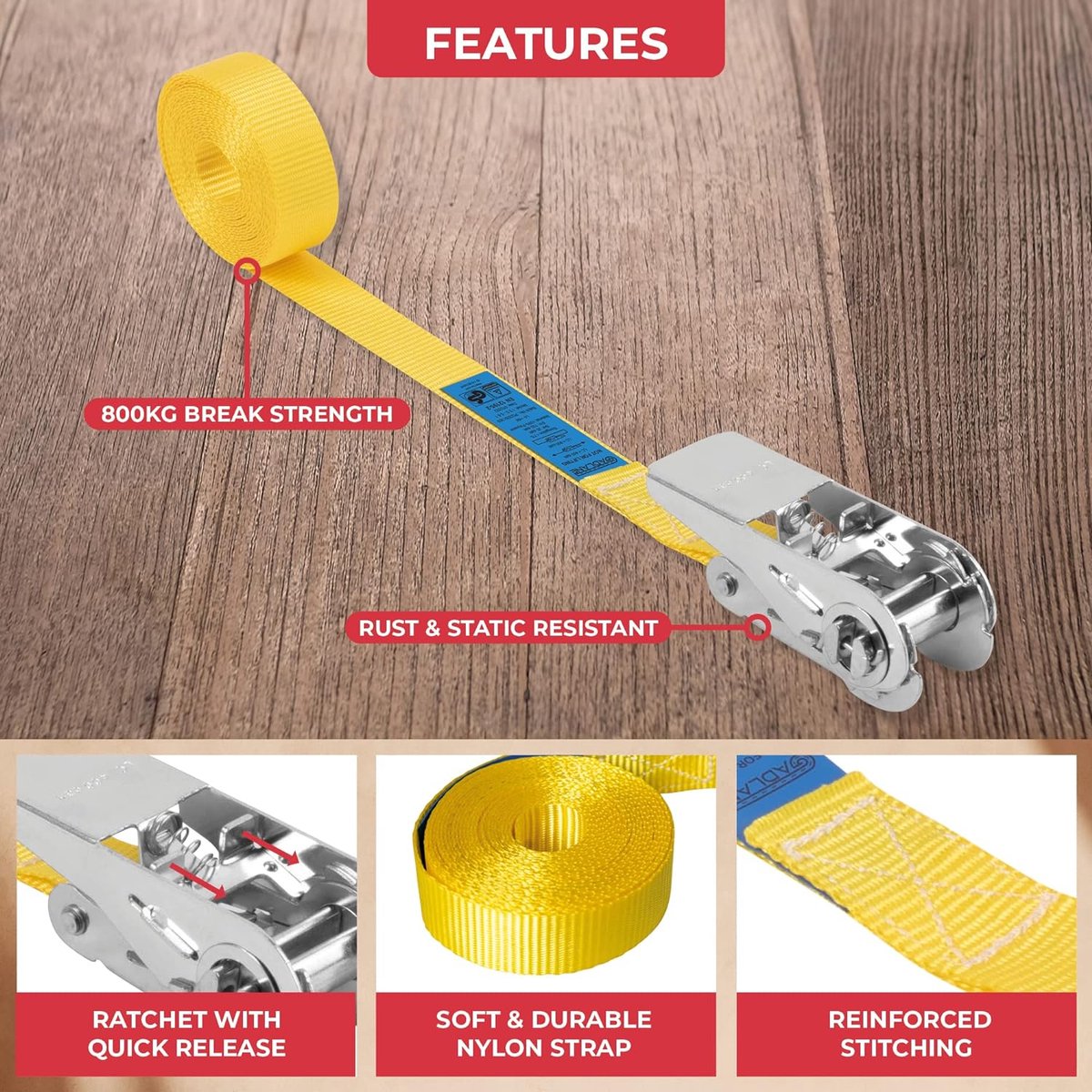 Sangle De Serrage 25mm X 4m Capacité De Charge 250kg, Sangle De Fixation, Sangle De Serrage Avec - 11