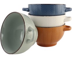 OTIX Soepkommen - met Oor - Set van 4 - Verschillende kleuren - Aardewerk - 680 ml - Inclusief GRATIS E-book