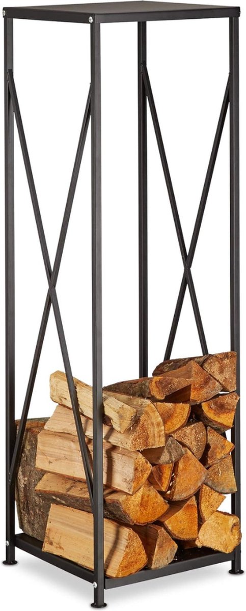 Houtberging - Haardhout - Opslag Rek - Gepoedercoat Staal - 111 x 34 x 34 cm, Zwart