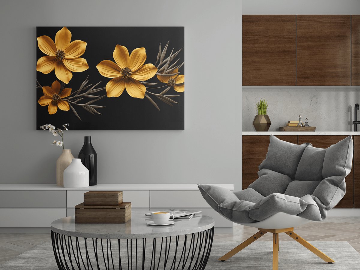 Trendex Global Canvas Schilderij - Gele Bloemen - Print op Canvas - Wanddecoratie - 120x80 cm Zwart