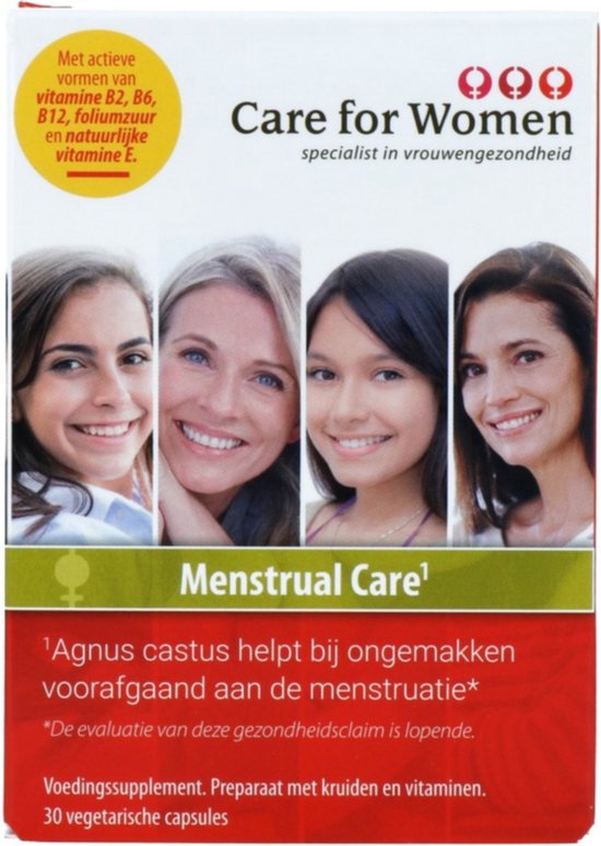 Doos met vier lachende vrouwen. Care for Women Menstrual Care: voedingssupplement, bereid met kruiden en vitaminen. 30 vegetarische capsules.