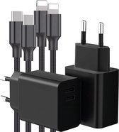 USB C Adapter - Snellader Geschikt voor iPhone en iPad - Nylon Gevlochten - 3 Meter - Oplaadkabel - GaN Oplader - USB C + USB C - 35W Vermogen - Incl. Lightning Kabel - 2 Kabel PACK - Stekkerblok - Zwart
