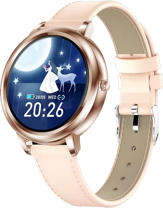 Darenci Smartwatch Classy Pro - Smartwatch dames - Smartwatch heren - Activity Tracker - Touchscreen - Lederen band - Dames - Heren - Horloge - Stappenteller - Bloeddrukmeter - Verbrande calorieën - Zuurstofmeter - Roségoud - Roze - Spatwaterdicht