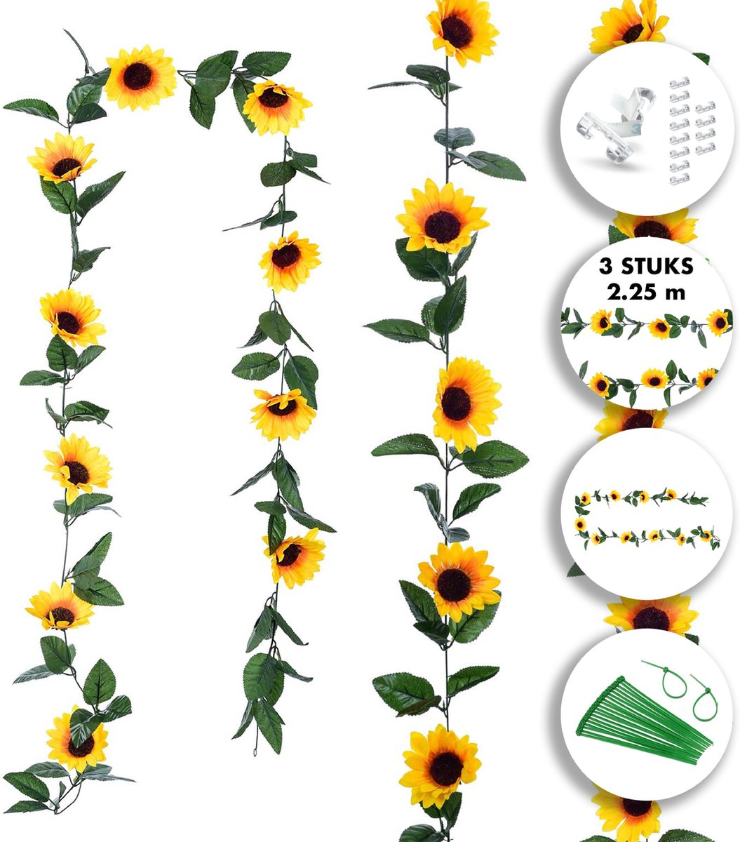 Fissaly 3 Stuks Zonnebloem Slinger Decoratie Set – Kunsbloemen Backdrop Planten Versiering voor Woonkamer & Feest – Kunstplant, Hangplant, Nepplant & Nep Plant