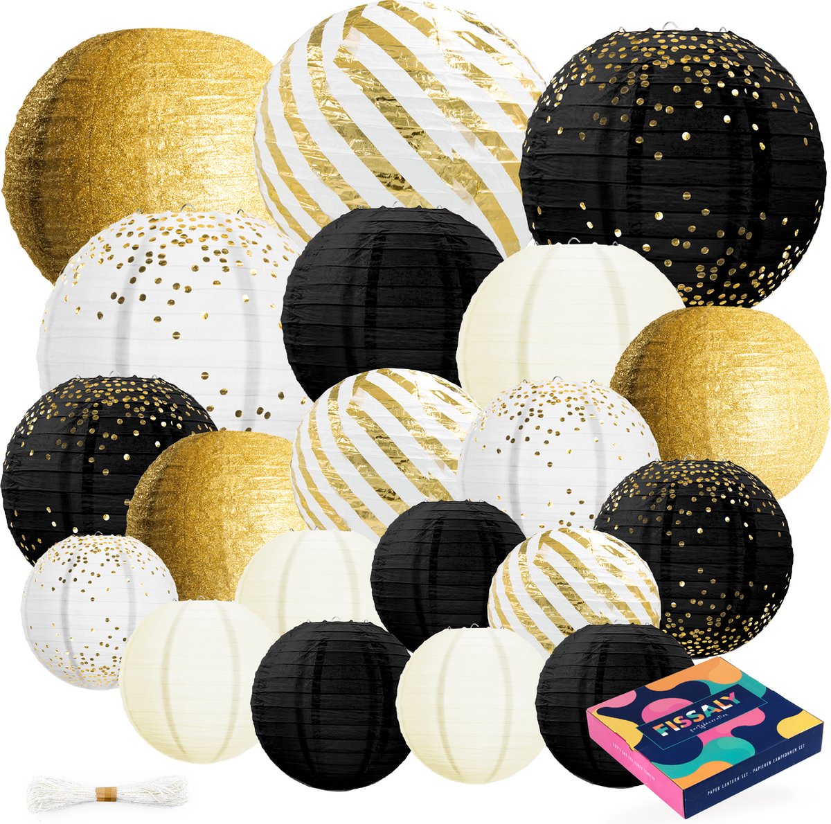 Fissaly 20 Stuks Lampionnen Set Versiering Zwart, Goud & Wit – Feest Decoratie – Bruiloft, Trouwen & Verjaardag - Papier - Happy New Year 2026 Versiering Pakket