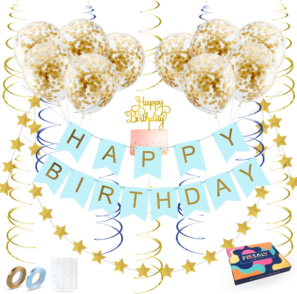 Fissaly Verjaardag Slinger Blauw & Goud met Papieren Confetti Ballonnen – Decoratie – Happy Birthday - Letterslinger