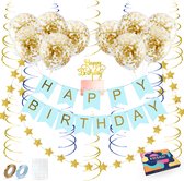 Fissaly Guirlande d'Anniversaire Bleue & Dorée avec Ballons à Confettis en Papier - Décoration - Joyeux Anniversaire - Guirlande de Lettres