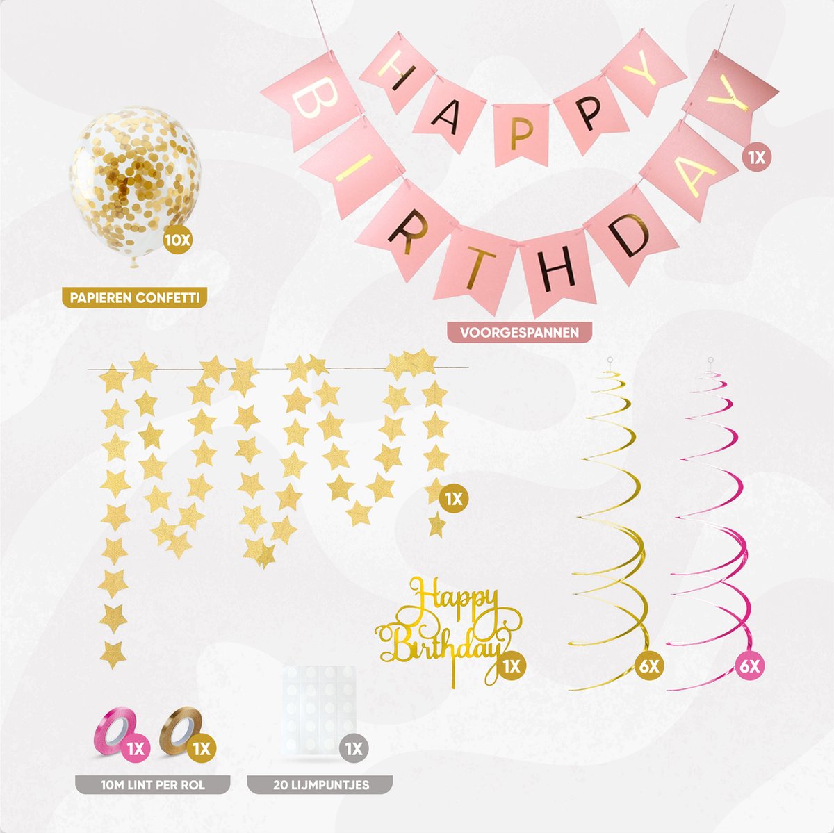 Fissaly Verjaardag Slinger Roze & Goud met Papieren Confetti Ballonnen – Decoratie – Happy Birthday - Letterslinger — afbeelding 2