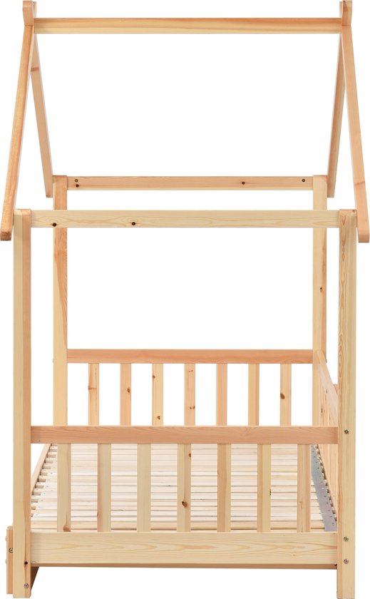Houten boomhutbed met rasterwerk aan drie zijden en een dakframe, zijkant weergave.