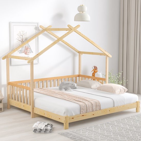 Sweiko Uitbreidbaar boomhut bed, huisbed, Kinderbed, Bedbank, dagbed, een- en tweepersoonsbed, puur massief hout, Natuurlijk (200x90/180cm)