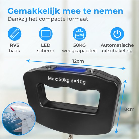Compacte zwarte kofferweegschaal (12x8cm) met RVS haak, LED scherm en 50kg weegcapaciteit.
