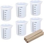 6 stuks 100ML Siliconen Maatbekers Set voor Hars, Doorschijnende Flexibele Siliconen DIY Maatbekers van Hars Ambachtelijke Gieten Epoxyhars met 20 stuks Houten Roerstaafjes