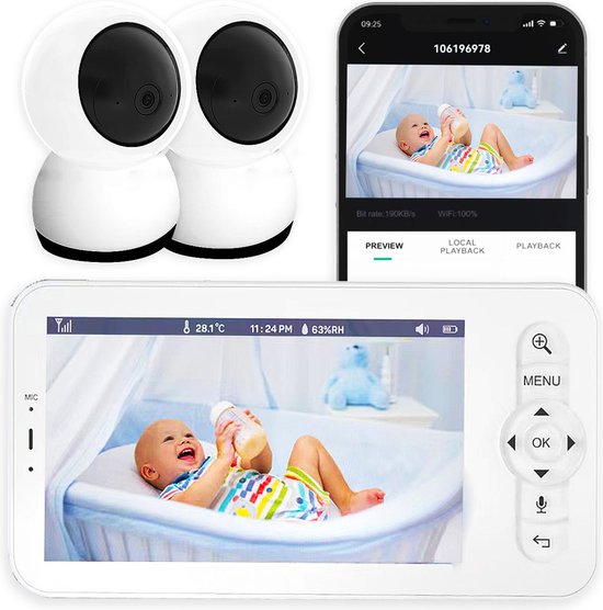 AngelTech Babyfoon Deluxe – Babyfoon Met 2 Camera's en App - Baby Monitor – Met 12.7cm Haarscherp HD Display & gratis App - Baby Camera