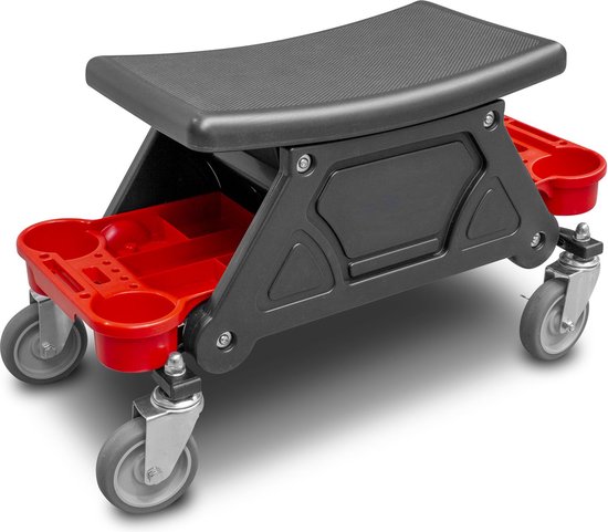 UISEBRT Werkplaatskruk – Met Zachte Zitting, Gereedschapsplank En Zwenkwielen – Belastbaar Tot 150 Kg – Voor Garage, Onderhoud En Doe-het-zelf – Boogvormig Model