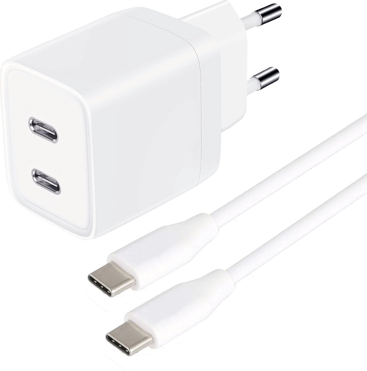 USB C Adapter - Snellader Geschikt voor Samsung Telefoon en Tablet - USB C naar USB C Kabel - 2 Meter - Oplaadkabel - TPE Materiaal - GaN Oplader - Dubbele USB C Poorten - 45W Vermogen - Incl. USB C Kabel - Stekkerblok - Wit