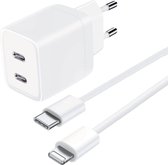 USB C Adapter - Snellader Geschikt voor iPhone en iPad - 1 Meter - Oplaadkabel - GaN Oplader - Dubbele USB C Poorten - 45W Vermogen - Incl. Lightning Kabel - Stekkerblok - Wit