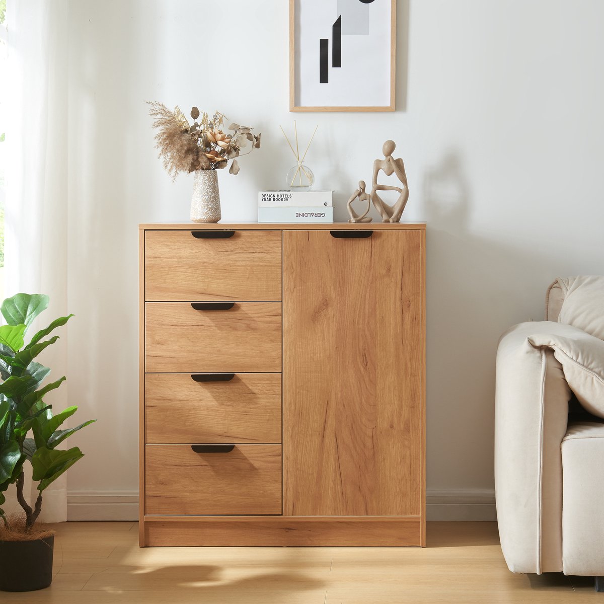 en.casa Commode Varkaus ladekast mdf met 4 lades 1 deur 90x80x40 cm eikenkleurig [en.casa]