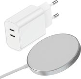 USB C Adapter - Snellader Magnetisch Geschikt voor MagSafe, iPhone en Samsung - 45W Vermogen - Dubbele USB C Poort - Draadloze Oplader - Draadloos 15W Vermogen - Wit