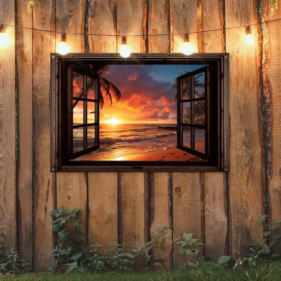 Poster de jardin Coucher de soleil - Vue - Plage - Palmiers - Mer - Fenêtre marron foncé - 120x80 cm - Toile de jardin - Poster extérieur