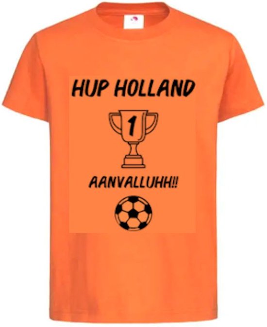 T-shirt Kinderen "Hup Holland AANVALLUH!!" EK Voetbal Europees Kampioen Kampioenschap Oranje | korte mouw | Oranje/zwart | maat 122/128