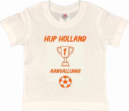 T-shirt Kinderen "Hup Holland AANVALLUHH!!" EK Voetbal Europees Kampioen Kampioenschap Oranje | korte mouw | Wit/oranje | maat 86/92