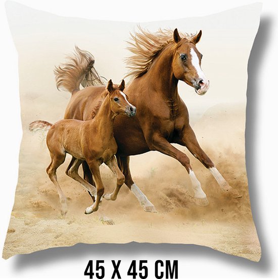 Allernieuwste.nl® Kussen Paard met Veulen - Kussenhoes polyester peach skin Perzikhuid Paarden - Kussenovertrek - Kleur 45 x 45 cm